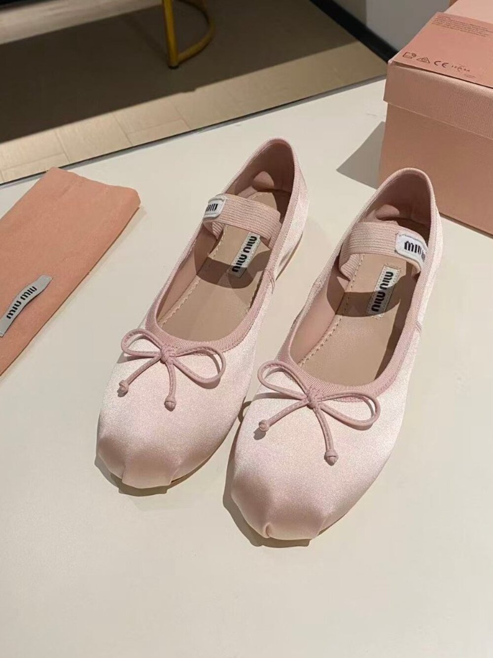 Miu Miu Pink Satin Bow Mary‑Jane Ballet Flats